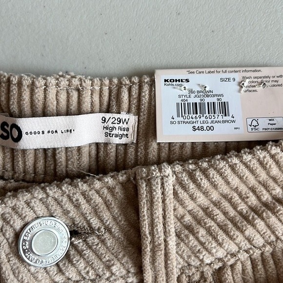 SO High Rise Straight Leg Tan Corduroy Pants NWT Junior Size 9 - Picture 6 of 14